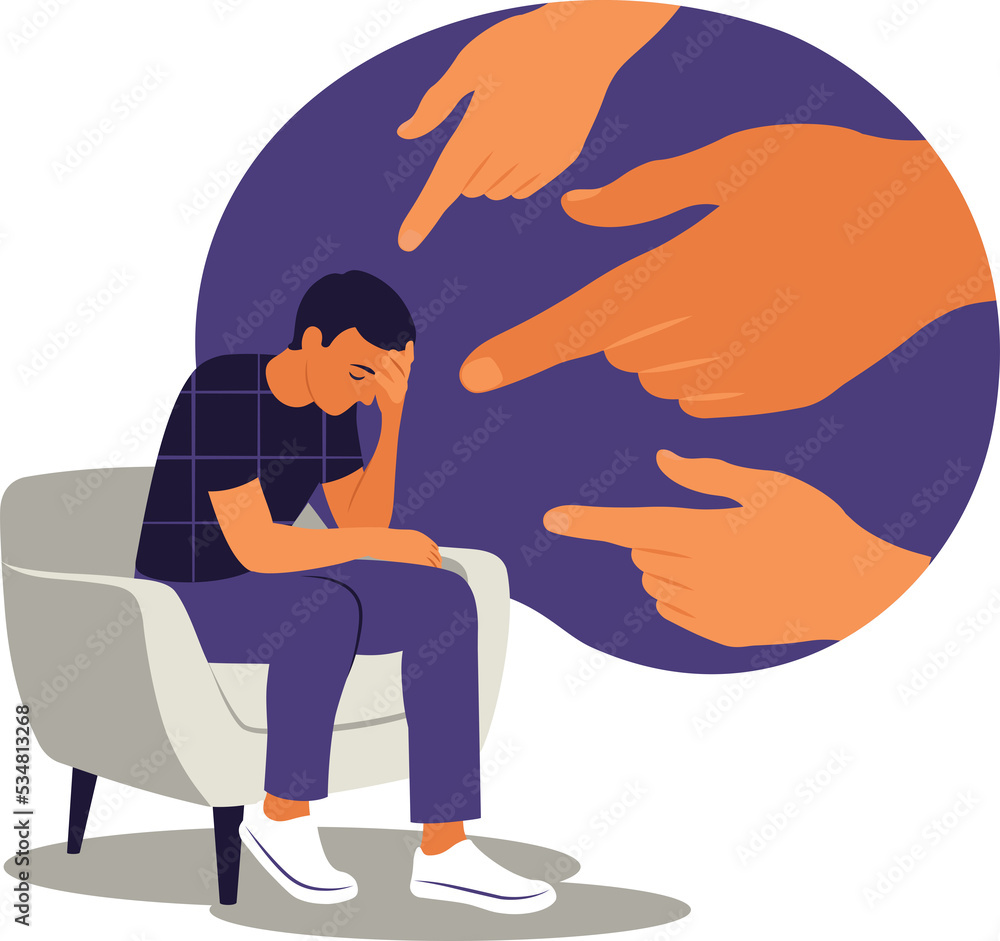 Cyber bullying concept. Opinion and the pressure of society. Shame. Hands of people point to the man. Non-confident woman. Cyber bullying concept. Opinion and the pressure of society. Shame. Hands of people point to the man. Non-confident woman.