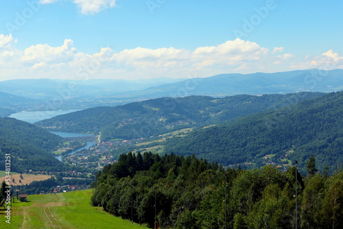 Panoramic view from Zar Mountain, Poland. View of  Beskidy Mountains,  Zywieckie Lake. Small Beskid region of Poland photo