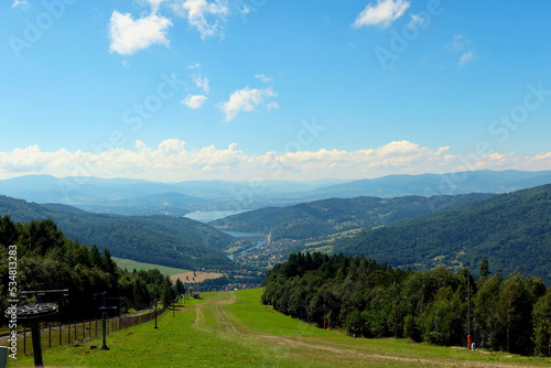 Panoramic view from Zar Mountain  Poland. View of  Beskidy Mountains   Zywieckie Lake. Small Beskid region of Poland