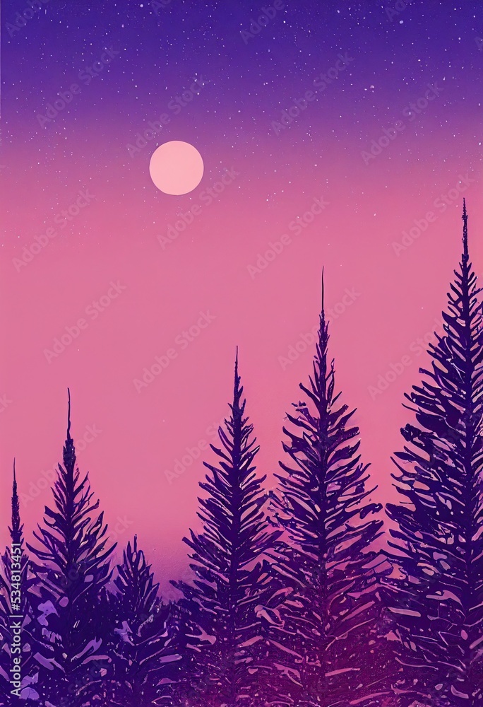 Winter forest snowy frozen trees snow nature scene on purple violet sky sunset or sunrise vintage scenery landscape background. Merry Christmas fantasy sky backdrop illustration.