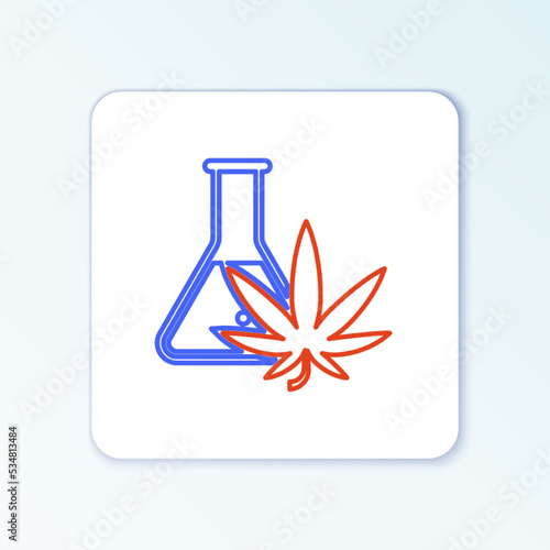 Line Chemical test tube with marijuana or cannabis leaf icon isolated on white background. Research concept. Laboratory CBD oil concept. Colorful outline concept. Vector