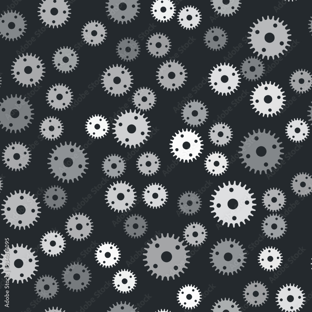 Grey Gear icon isolated seamless pattern on black background. Cogwheel gear settings sign. Cog symbol. Vector