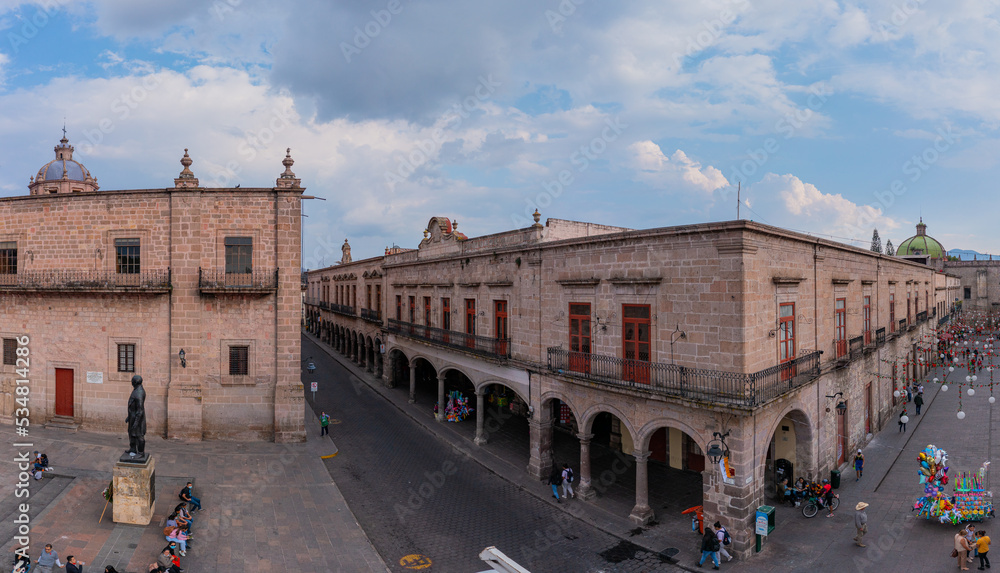 Aerial: panorama view of the landscape and cityscape in Morelia. Drone view
