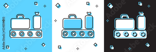 Set Airport conveyor belt with passenger luggage, suitcase, bag, baggage icon isolated on blue and white, black background. Vector