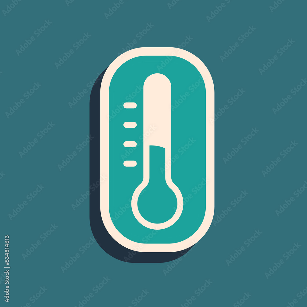 Green Meteorology thermometer measuring icon isolated on green background. Thermometer equipment showing hot or cold weather. Long shadow style. Vector