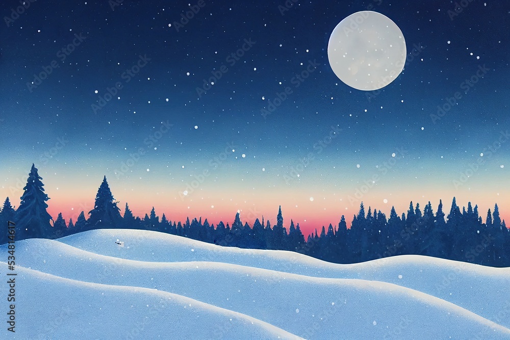 Winter forest snowy frozen trees snow nature scene on night sky with moon stars vintage scenery landscape morning background. Merry Christmas fantasy backdrop illustration.