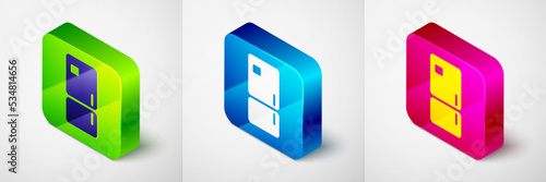 Isometric Refrigerator icon isolated on grey background. Fridge freezer refrigerator. Household tech and appliances. Square button. Vector