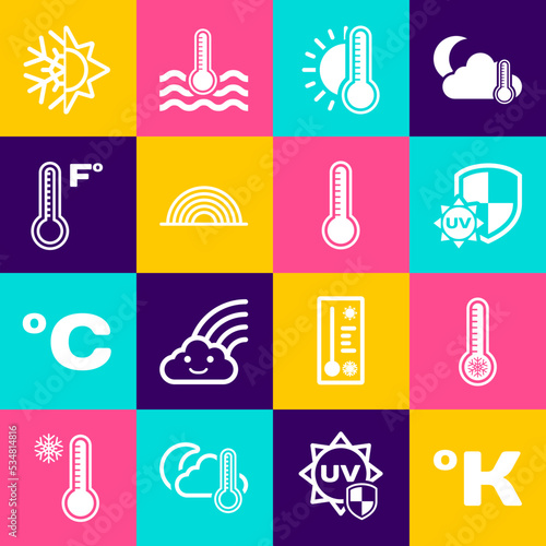 Set Kelvin, Meteorology thermometer, UV protection, Thermometer with sun, Rainbow, Sun and snowflake and icon. Vector