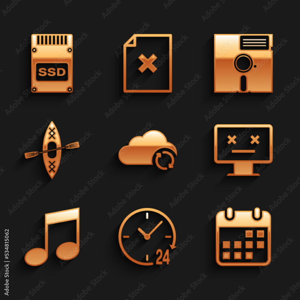 Set Cloud sync refresh, Clock 24 hours, Calendar, Dead monitor, Music note, tone and Kayak and paddle icon. Vector Set Cloud sync refresh, Clock 24 hours, Calendar, Dead monitor, Music note, tone and Kayak and paddle icon. Vector