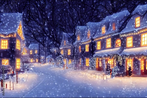 Winter snowy small cozy street with lights in houses, falling snow town night landscape. Winter holidays night time backdrop. Merry Christmas vintage retro illustration background.