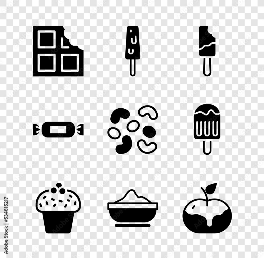 Set Chocolate bar, Ice cream, Cake, Flour bowl, Apple in caramel, Candy and Jelly candy icon. Vector Set Chocolate bar, Ice cream, Cake, Flour bowl, Apple in caramel, Candy and Jelly candy icon. Vector