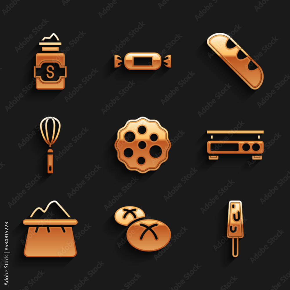 Set Cookie or biscuit, Bread loaf, Ice cream, Electronic scales, Bag of flour, Kitchen whisk, French baguette bread and Jar sugar icon. Vector Set Cookie or biscuit, Bread loaf, Ice cream, Electronic scales, Bag of flour, Kitchen whisk, French baguette bread and Jar sugar icon. Vector