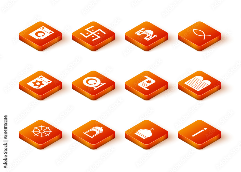 Set Dharma wheel, Muslim Mosque, Jewish calendar, Star and crescent, Church tower, Torah scroll, Burning candle and The commandments icon. Vector Set Dharma wheel, Muslim Mosque, Jewish calendar, Star and crescent, Church tower, Torah scroll, Burning candle and The commandments icon. Vector