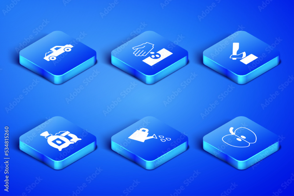 Set Apple, Pickup truck, Watering can, Pack full of seeds of plant, Seeds and Wooden axe icon. Vector Set Apple, Pickup truck, Watering can, Pack full of seeds of plant, Seeds and Wooden axe icon. Vector
