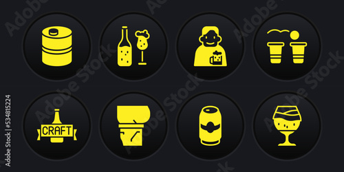 Set Beer bottle, pong game, belly, can, Happy man with beer, and glass, Glass of and Metal keg icon. Vector