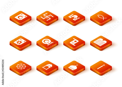 Set Dharma wheel, Muslim Mosque, Jewish calendar, Star and crescent, Church tower, Torah scroll, Burning candle and The commandments icon. Vector