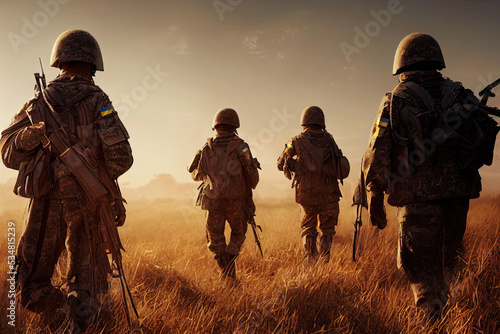 Fotografia Soldiers of the Ukraine army walking at sunset on a grain battlefield with Ukraine flags patch on their uniforms