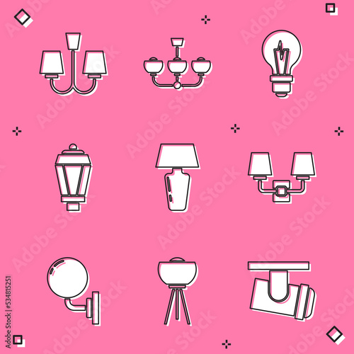 Set Chandelier  Light bulb  Garden light lamp  Table  Wall or sconce  and Floor icon. Vector
