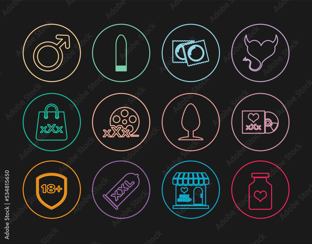 Set line Bottle with pills for potency, Disc inscription Sex, Condoms package, Film reel, Shopping bag triple X, Male gender symbol, Anal plug and Dildo vibrator icon. Vector Set line Bottle with pills for potency, Disc inscription Sex, Condoms package, Film reel, Shopping bag triple X, Male gender symbol, Anal plug and Dildo vibrator icon. Vector