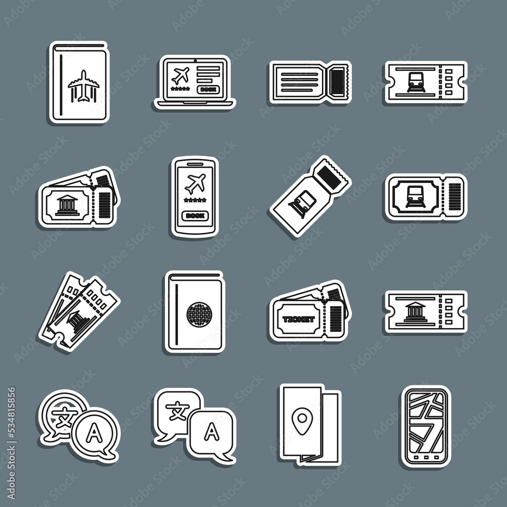 Set line Infographic of city map, Museum ticket, Train, Ticket, Mobile with, Cover book travel guide and icon. Vector Set line Infographic of city map, Museum ticket, Train, Ticket, Mobile with, Cover book travel guide and icon. Vector