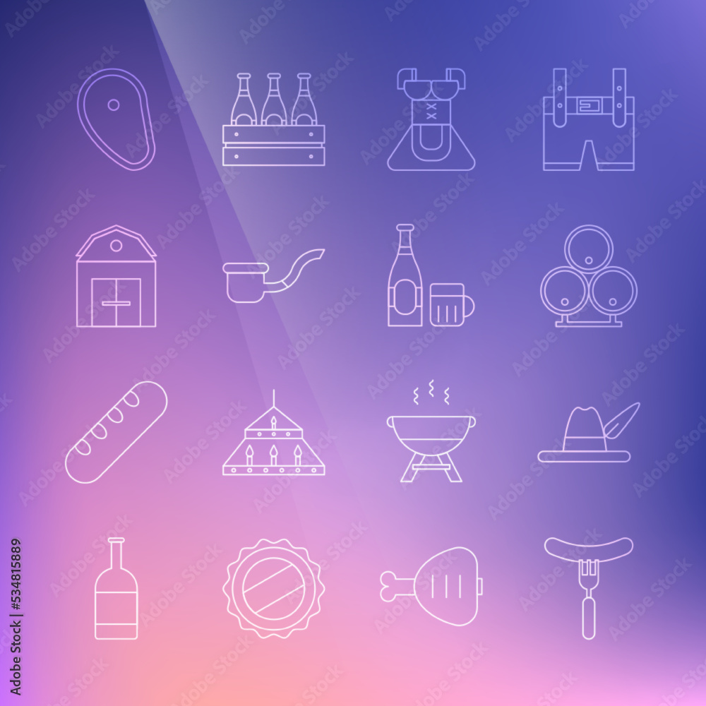 Set line Sausage on the fork, Oktoberfest hat, Wooden barrels, Costume women dirndl, Smoking pipe, Farm House, Steak meat and Beer bottle and glass icon. Vector Set line Sausage on the fork, Oktoberfest hat, Wooden barrels, Costume women dirndl, Smoking pipe, Farm House, Steak meat and Beer bottle and glass icon. Vector