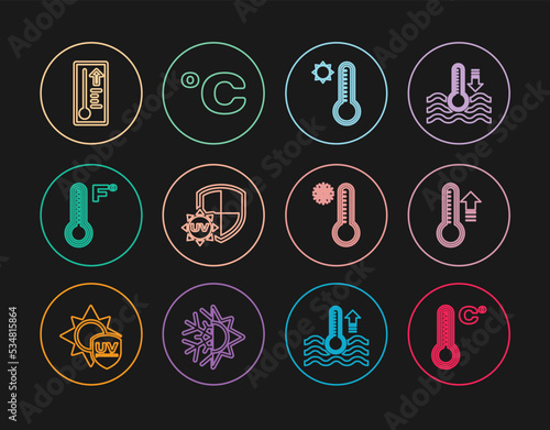 Set line Meteorology thermometer, UV protection, and Celsius icon. Vector