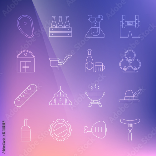 Set line Sausage on the fork, Oktoberfest hat, Wooden barrels, Costume women dirndl, Smoking pipe, Farm House, Steak meat and Beer bottle and glass icon. Vector