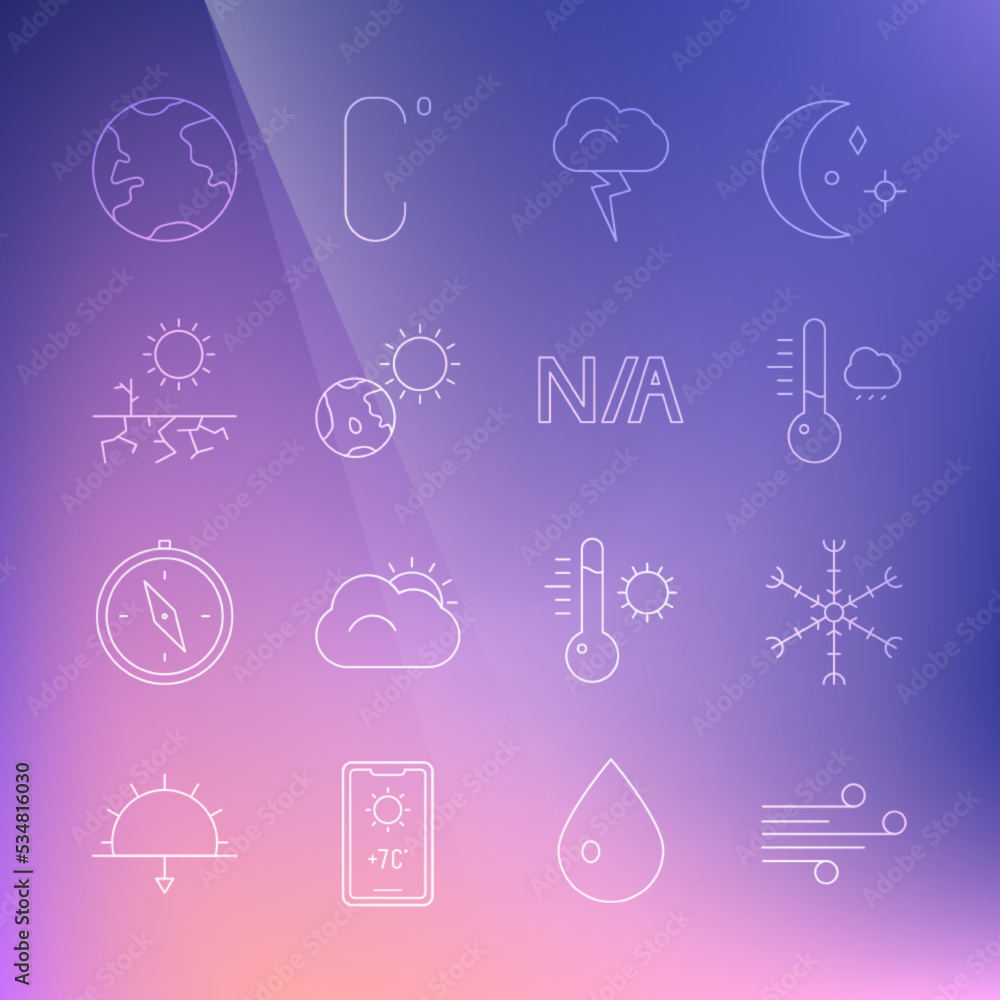 Set line Wind, Snowflake, Meteorology thermometer, Storm, Earth globe and sun, Drought, and Not applicable icon. Vector Set line Wind, Snowflake, Meteorology thermometer, Storm, Earth globe and sun, Drought, and Not applicable icon. Vector