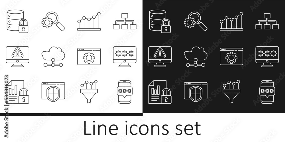 Set line Mobile and password, Monitor with, Pie chart infographic, Network cloud connection, exclamation mark, Server security lock, Browser setting and Magnifying glass gear icon. Vector