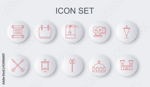 Set line Castle, Medieval crossed arrows, Well with bucket, King crown, Decree, parchment, scroll, Body armor, flag and axe icon. Vector