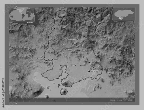 Valle, Honduras. Grayscale. Labelled points of cities photo