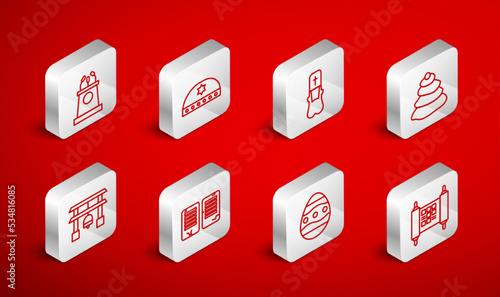 Set line Decree, paper, parchment, scroll, Jewish kippah with star of david, Priest, Stack hot stones, Easter egg, Stage stand or tribune, The commandments and Japan Gate icon. Vector