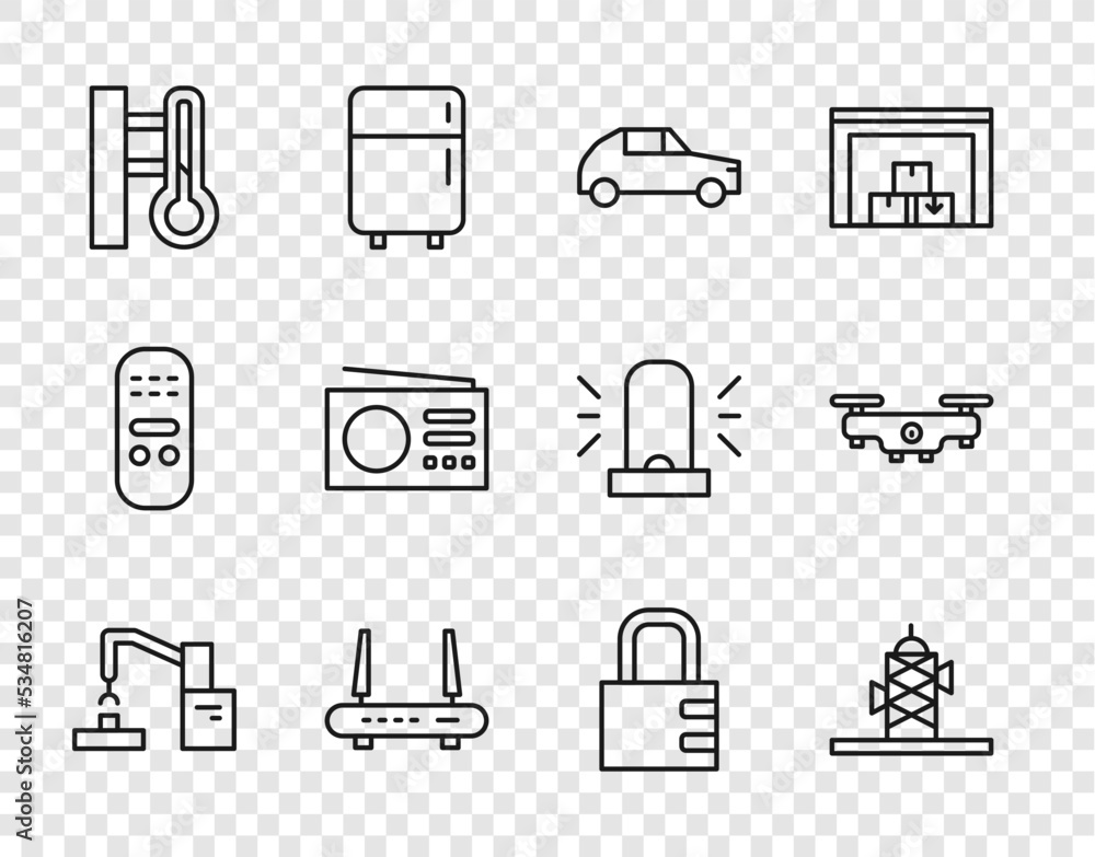 Set line Robotic robot arm hand factory, Antenna, Car, Router wi-fi signal, Meteorology thermometer, Radio, Safe combination lock and Drone flying icon. Vector Set line Robotic robot arm hand factory, Antenna, Car, Router wi-fi signal, Meteorology thermometer, Radio, Safe combination lock and Drone flying icon. Vector