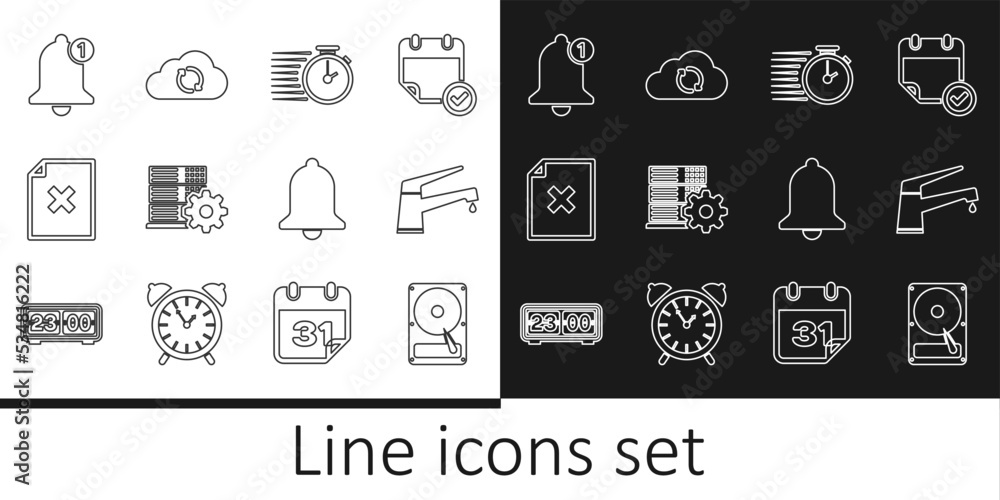 Set line Hard disk drive HDD, Water tap, Stopwatch, Server setting, Delete file document, Bell, Ringing bell and Cloud sync refresh icon. Vector Set line Hard disk drive HDD, Water tap, Stopwatch, Server setting, Delete file document, Bell, Ringing bell and Cloud sync refresh icon. Vector