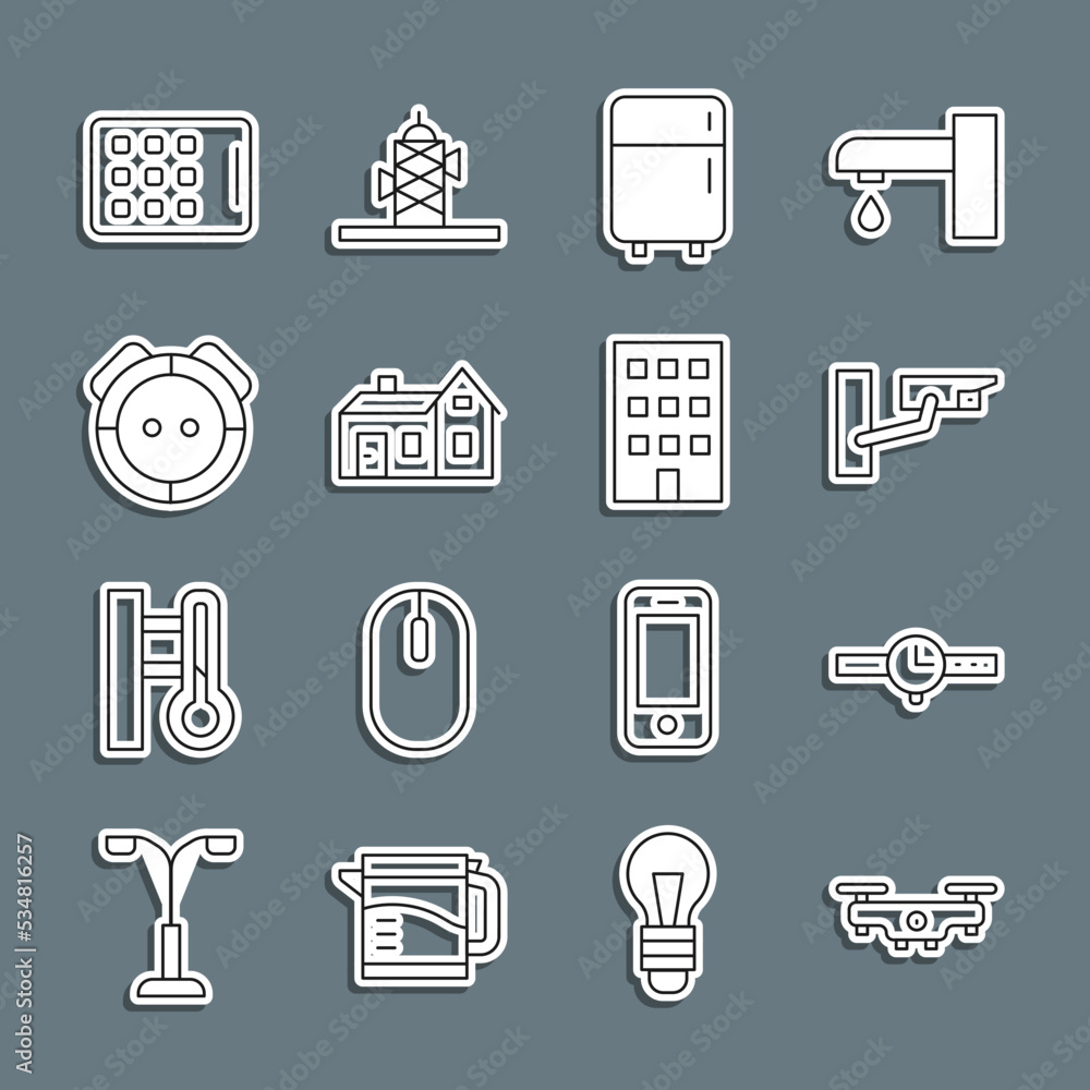 Set line Drone flying, Wrist watch, Security camera, Refrigerator, House, Robot vacuum cleaner, Graphic tablet and icon. Vector Set line Drone flying, Wrist watch, Security camera, Refrigerator, House, Robot vacuum cleaner, Graphic tablet and icon. Vector