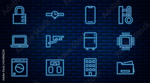 Set line Printer, Processor with microcircuits CPU, Smartphone, Security camera, Laptop, Safe combination lock, Refrigerator and Wrist watch icon. Vector