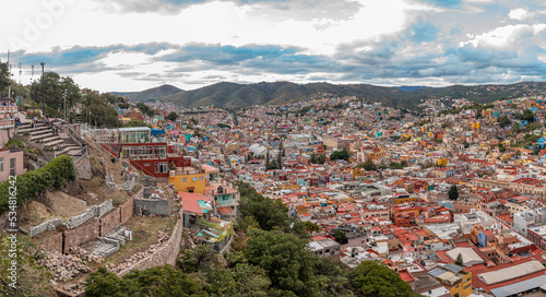 Aerial: beautiful view of the landscape and cityscape in Guanajuato, Mexico. Drone view 