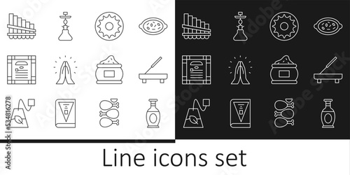 Set line Indian vase, Scented spa stick, Chakra, Hands in praying position, constitution day, Pan flute, spice and Hookah icon. Vector