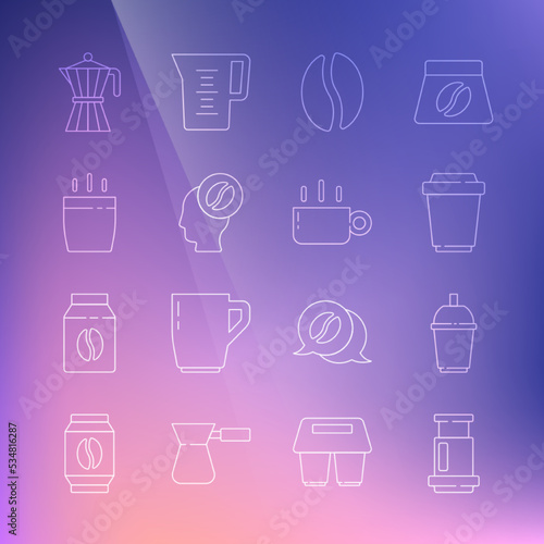 Set line Aeropress coffee, Coffee cup to go, beans, Barista, moca pot and icon. Vector