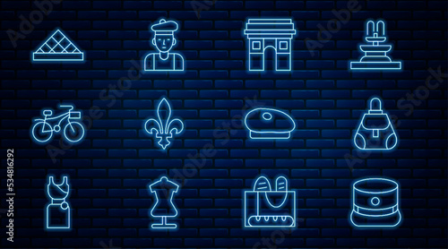 Set line Kepi, Handbag, Triumphal Arch, Fleur De Lys, Bicycle, Louvre museum, French beret and man icon. Vector