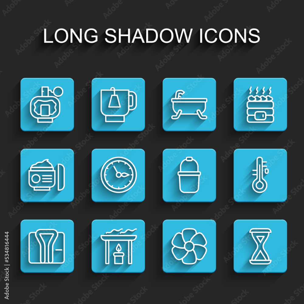 Set line Bathrobe, Aroma candle, Aftershave, Flower, Sauna hourglass, clock, thermometer and bucket icon. Vector Set line Bathrobe, Aroma candle, Aftershave, Flower, Sauna hourglass, clock, thermometer and bucket icon. Vector