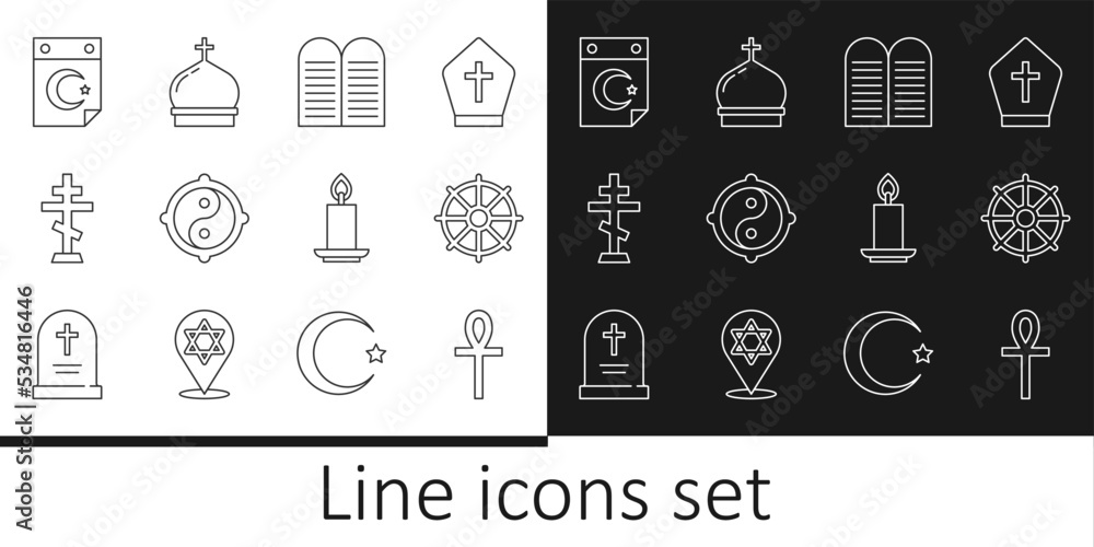 Set line Cross ankh, Dharma wheel, The commandments, Yin Yang, Christian cross, Star crescent, Burning candle and Church tower icon. Vector