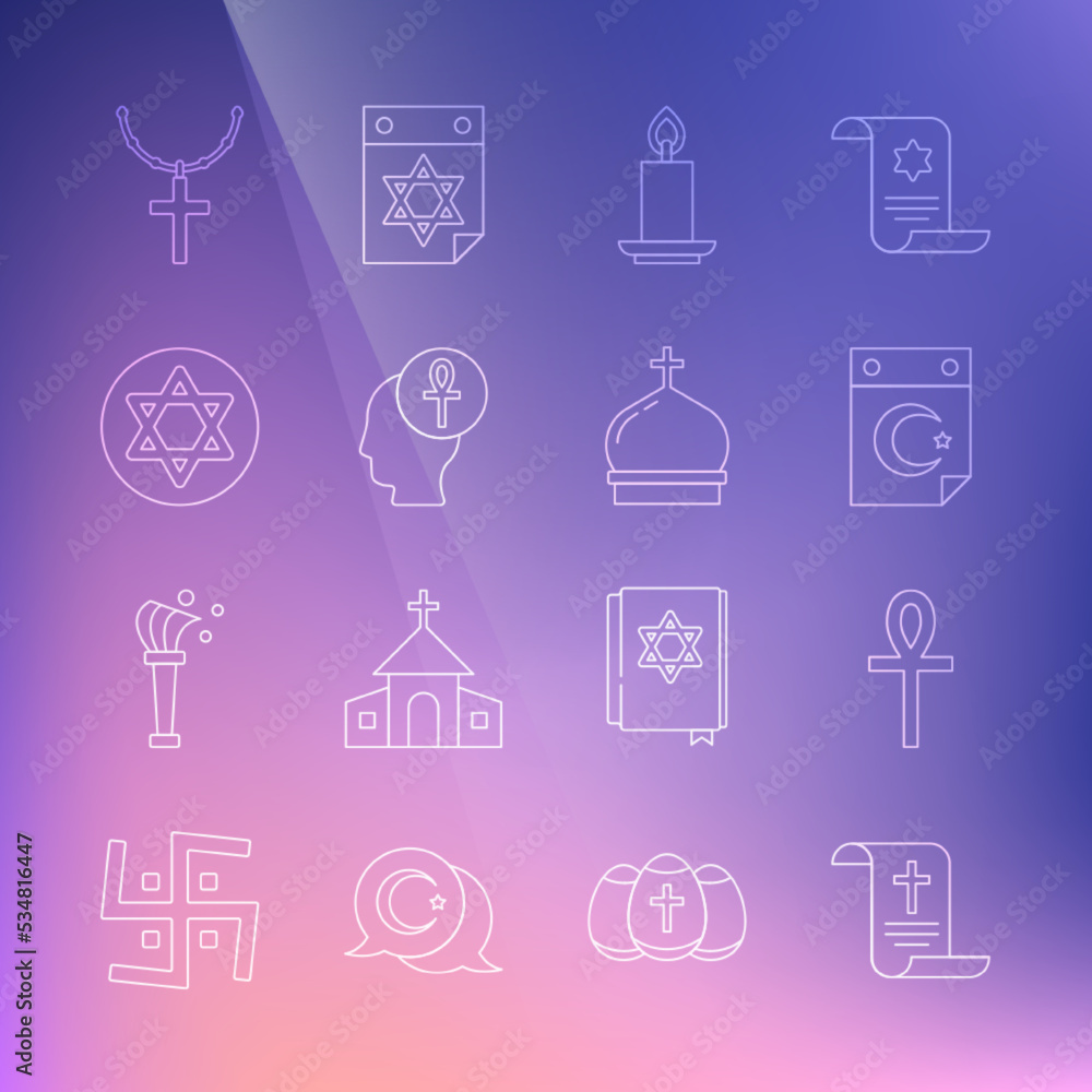 Set line Decree, paper, parchment, scroll, Cross ankh, Star and crescent, Burning candle, of David, Christian cross on chain and Church tower icon. Vector Set line Decree, paper, parchment, scroll, Cross ankh, Star and crescent, Burning candle, of David, Christian cross on chain and Church tower icon. Vector