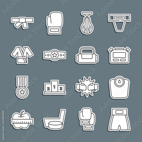 Set line Boxing short, Bathroom scales, Stopwatch, Punching bag, belt, Japanese costume Kimono, Black karate and Sport icon. Vector