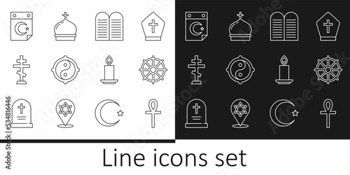 Set line Cross ankh, Dharma wheel, The commandments, Yin Yang, Christian cross, Star crescent, Burning candle and Church tower icon. Vector