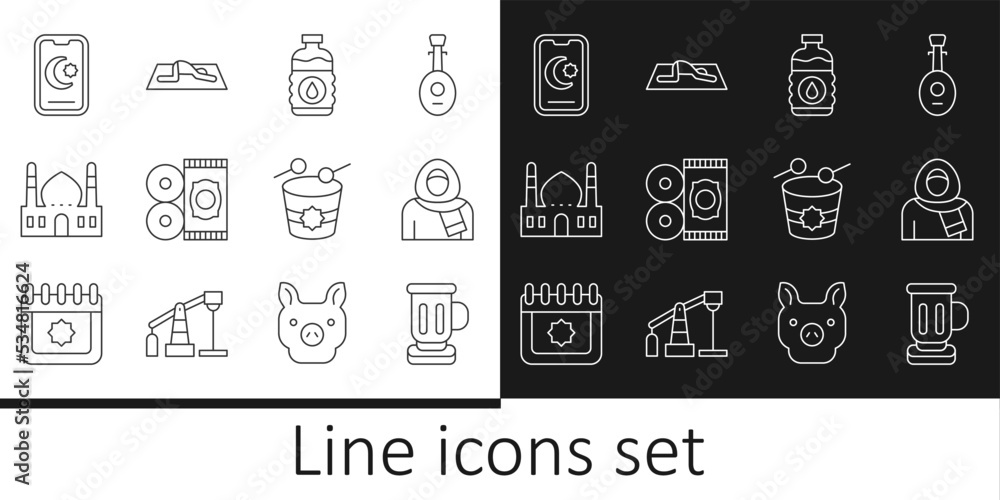Set line Medieval goblet, Muslim woman in hijab, Bottle of water, Traditional carpet, Mosque, Star and crescent, Ramadan drum and prays icon. Vector Set line Medieval goblet, Muslim woman in hijab, Bottle of water, Traditional carpet, Mosque, Star and crescent, Ramadan drum and prays icon. Vector