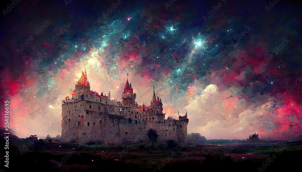 Castle starry sky at night concept art illustration