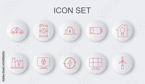 Set line Wind turbine, Nuclear power plant, Hydroelectric dam, Solar energy panel, Electric car, Bio fuel barrel, plug and Recharging icon. Vector