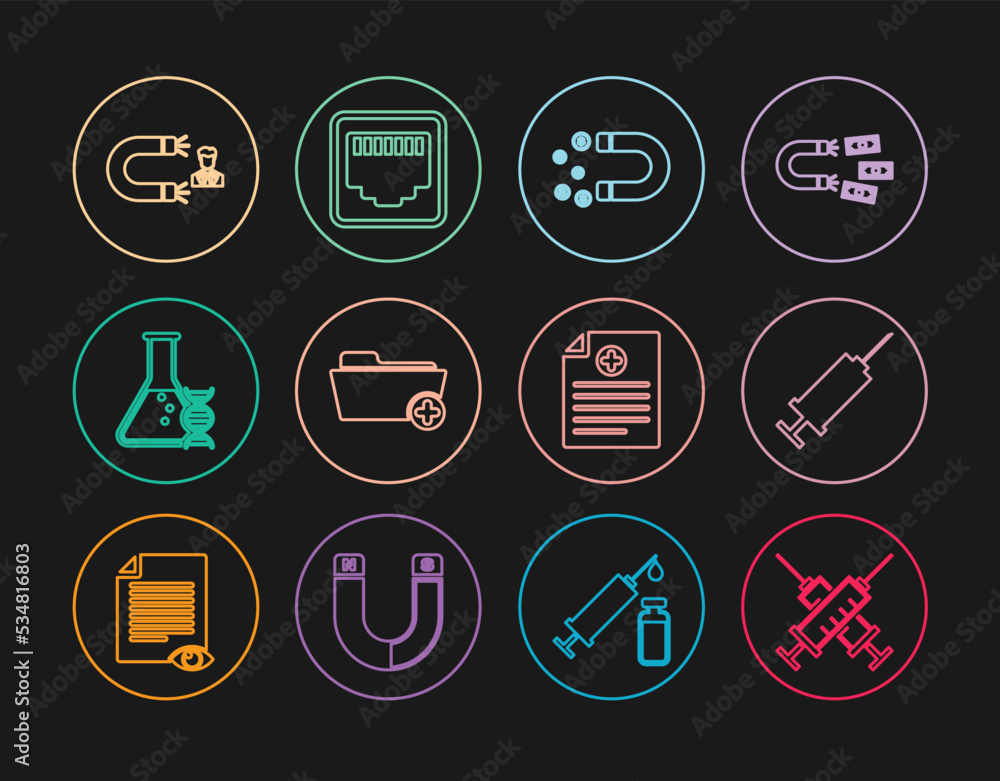 Set line Crossed syringe, Syringe, Magnet with money, Health record folder, DNA research, search, Customer attracting, Clinical and Network port cable socket icon. Vector