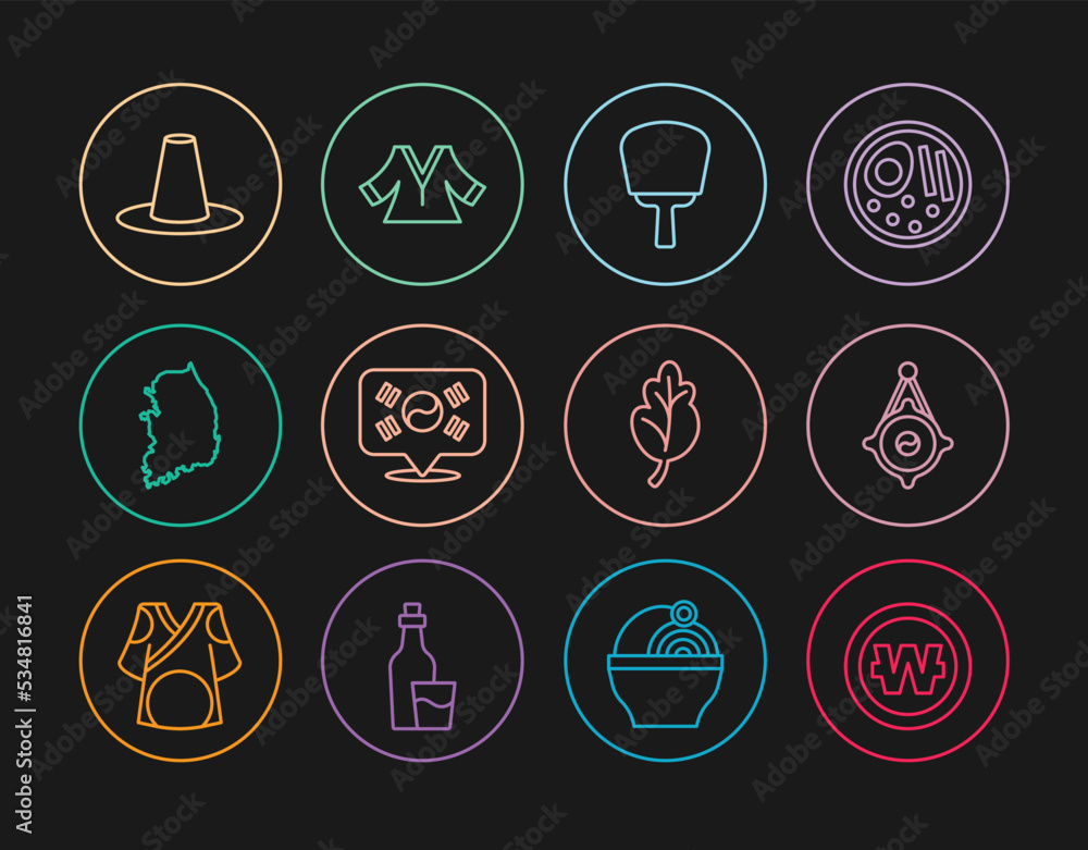 Set line South Korean won coin, lantern, hand fan, Location, map, hat, Kimchi and Kimono icon. Vector Set line South Korean won coin, lantern, hand fan, Location, map, hat, Kimchi and Kimono icon. Vector